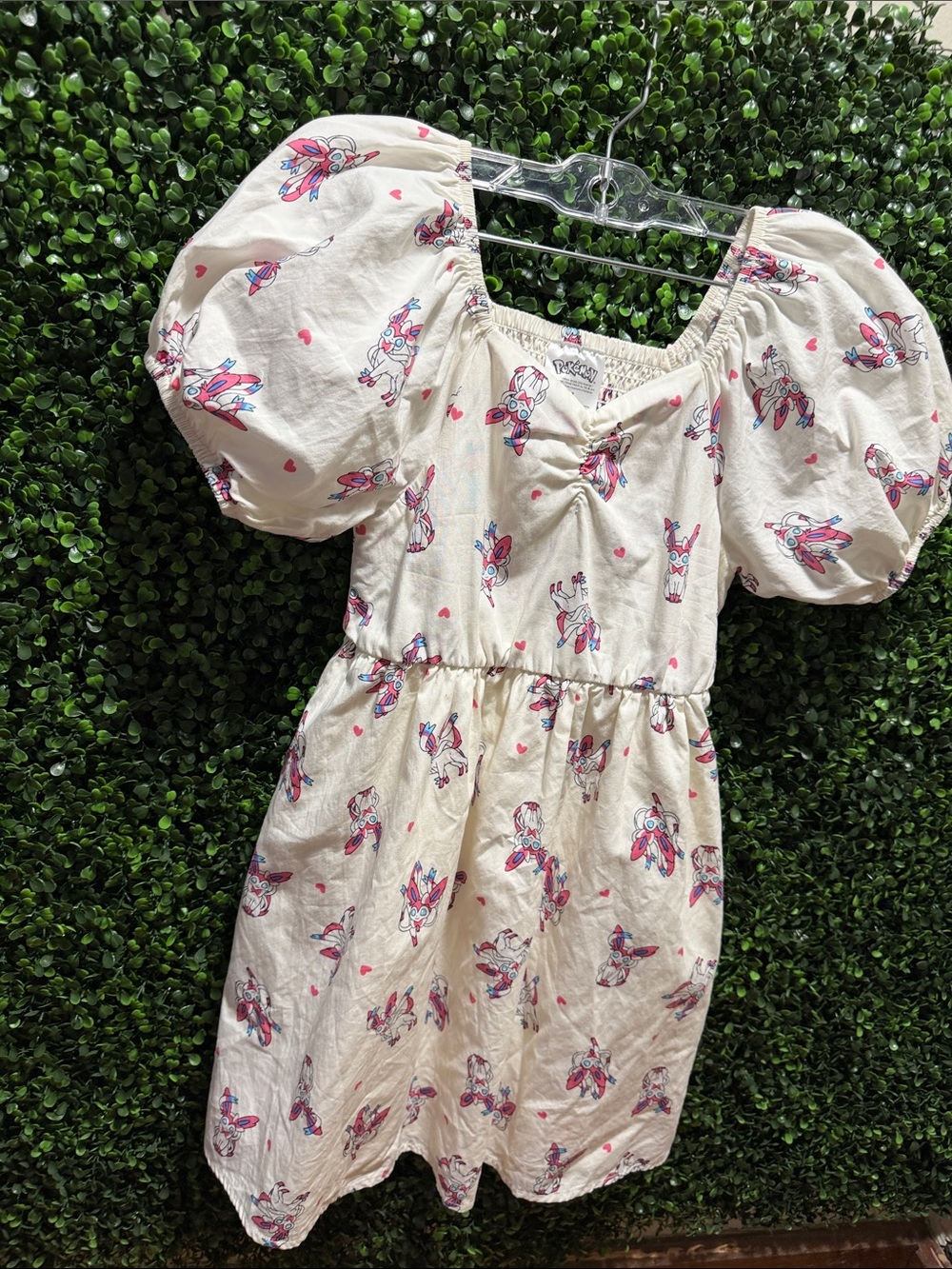 Girls Cream Puff-Sleeve Dress with Pokémon Print Sz Med